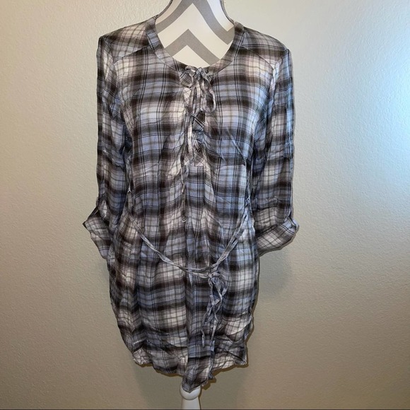 Motherhood Maternity Blue Flannel Plaid Lace-Up Long Sleeve Tunic Top Large - Picture 2 of 10